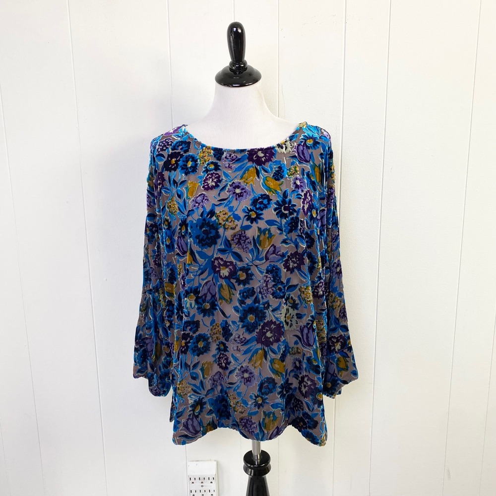 Soft Surroundings Blue Floral Burnout Velvet Long Sleeve Top Size Large Boho